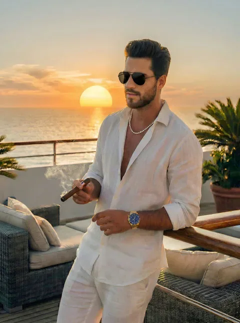Stylish bearded AI boyfriend in white linen at sunset