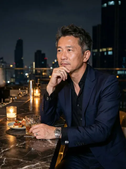 Daniel, a mature AI boyfriend in a navy suit at a rooftop restaurant